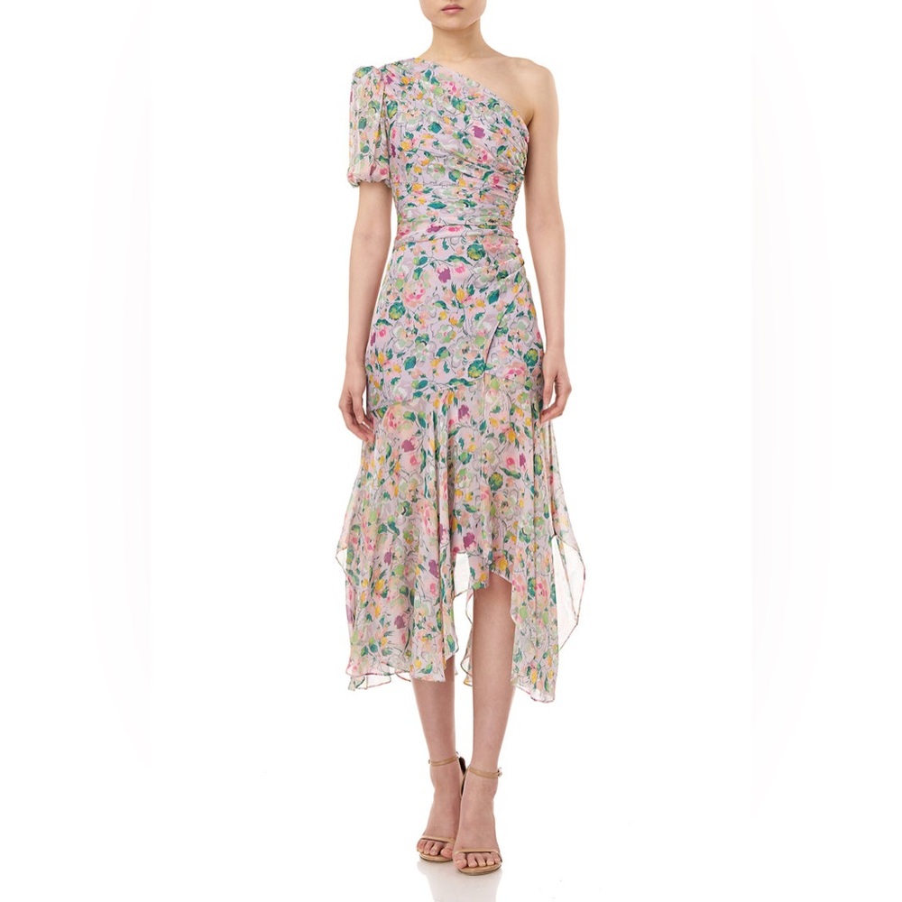 AMUR x REVOLVE Laura Lilac Floral 100% Silk One Shoulder Ruched Midi Dress